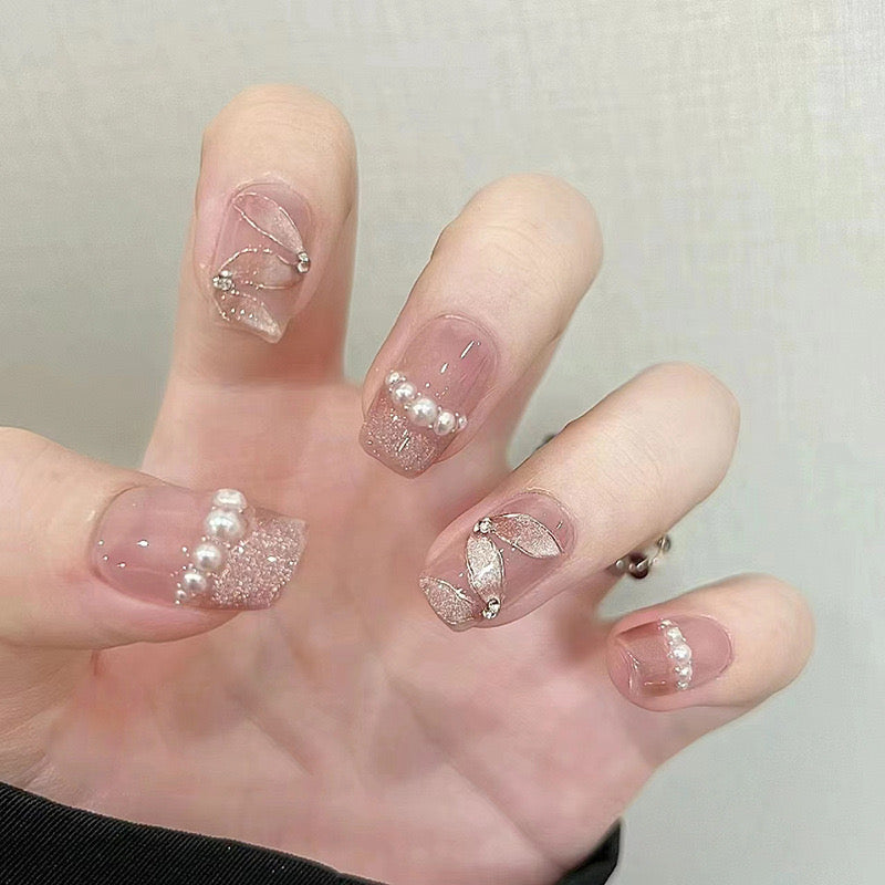 Bridal Bliss Medium Coffin Sheer Pink Press On Nails with Glitter Accents and Pearl Embellishments