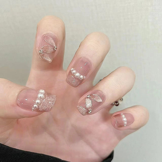 Bridal Bliss Medium Coffin Sheer Pink Press On Nails with Glitter Accents and Pearl Embellishments