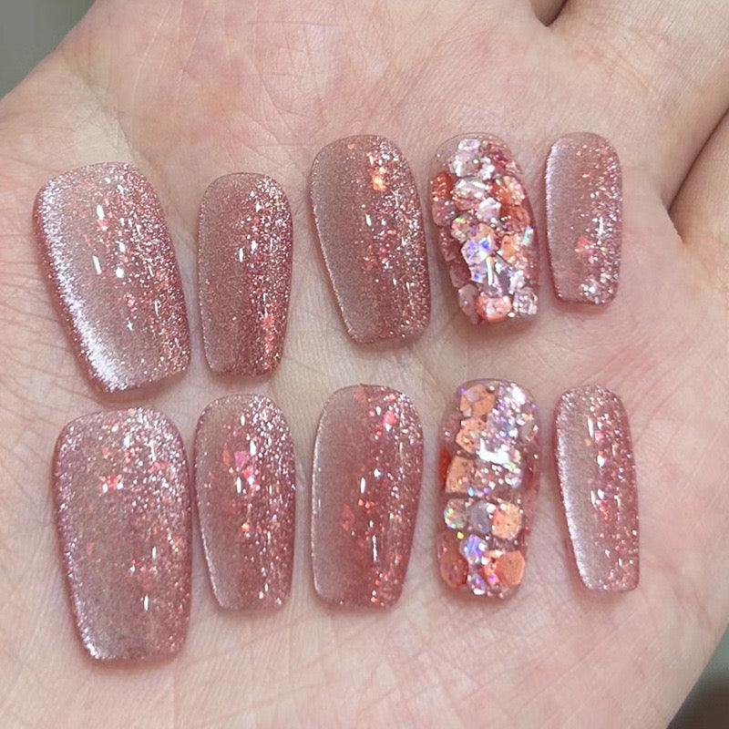 Glamorous Medium Coffin Rose Gold Sparkle Press-On Nail Set with Accent Gemstones