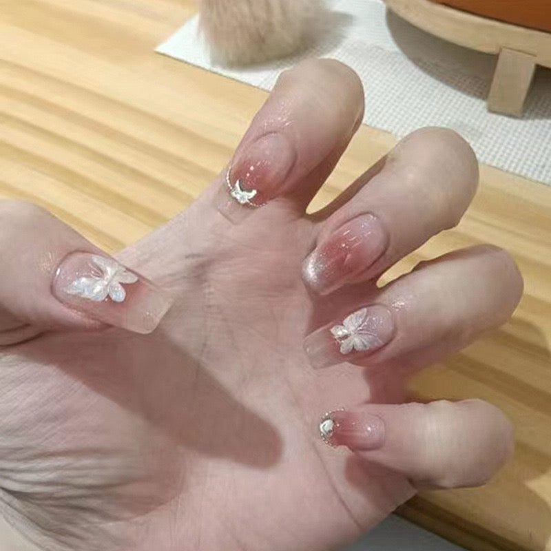 Serene Blossom Medium Length Square Clear Press-On Nails with Floral Embellishments