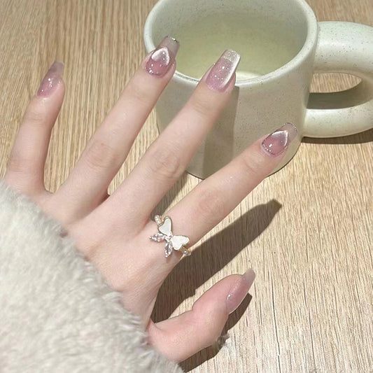 Cozy Caf‚âàŒ© Medium Square Beige Press On Nail Set with Glitter Accents and Gemstone Embellishments