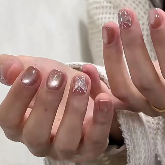 Butterfly Kisses Short Length Square Pink Glitter Press On Nail Set with 3D Embellishments