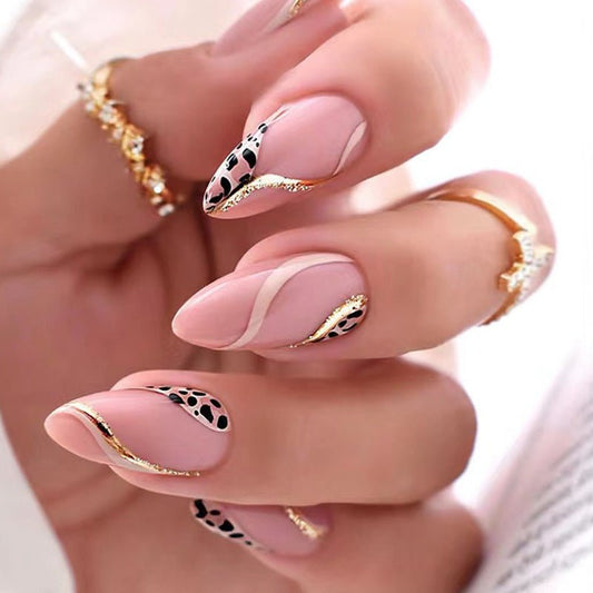 Wildcat Long Almond Pink Gold Leopard Press On Nails