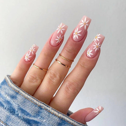 Daisy Dukes Long Coffin Pink Floral Press On Nails
