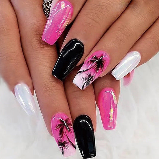 Tropical Sunset Ombre Long Coffin Black Vacation Press On Nails