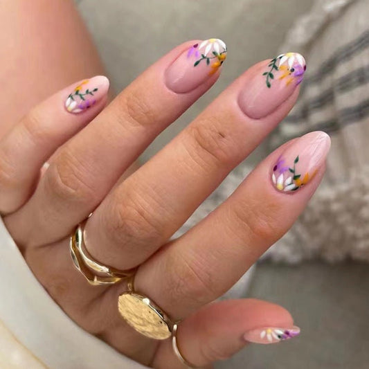 Blushing Bouquet Short Almond Pink Floral Press On Nails