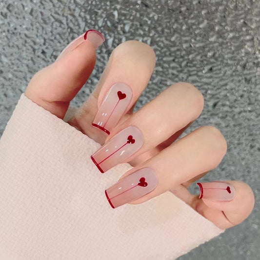 Love Drop Long Square Red Hearts Press On Nails