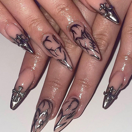 Y2K Chrome Contoured Long Almond Silver Bold Press On Nails