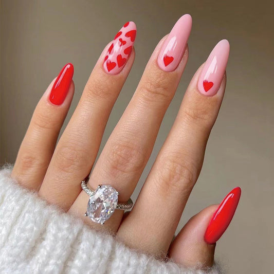 Marry Me Long Oval Pink Hearts Press On Nails