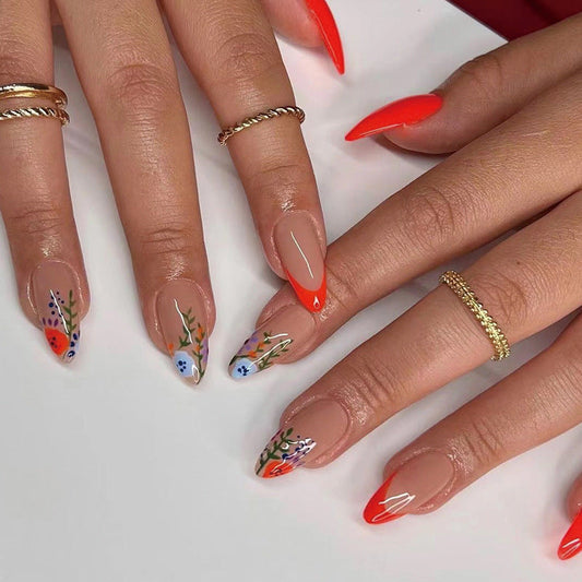 Leaves In The Wind Medium Almond Red Floral Press On Nails