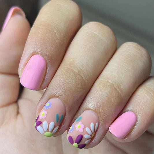 Flower Garden Short Oval Pink Spring Press On Nails