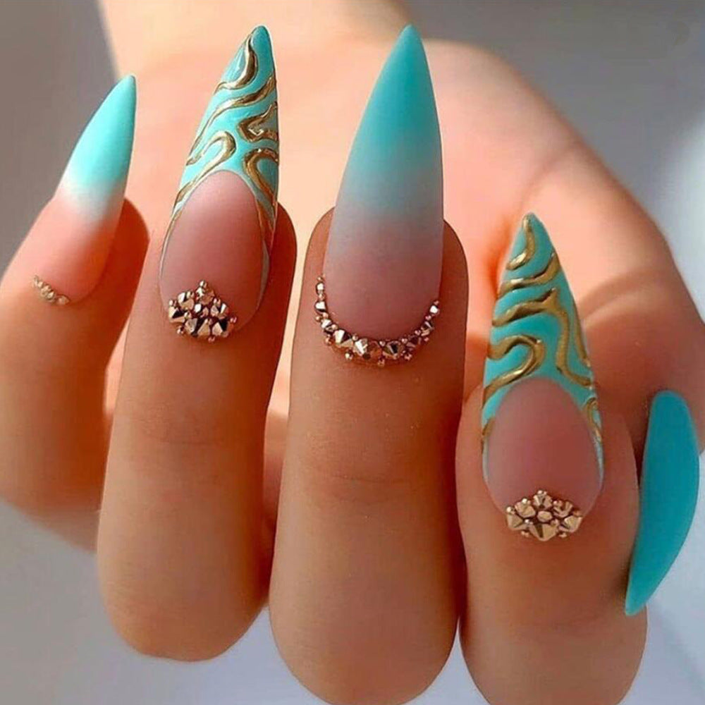 Underwater Palace Long Almond Blue Beach Press On Nails