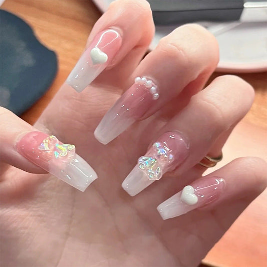 Baby Bears Charm Long Coffin Pink Cute Press On Nails