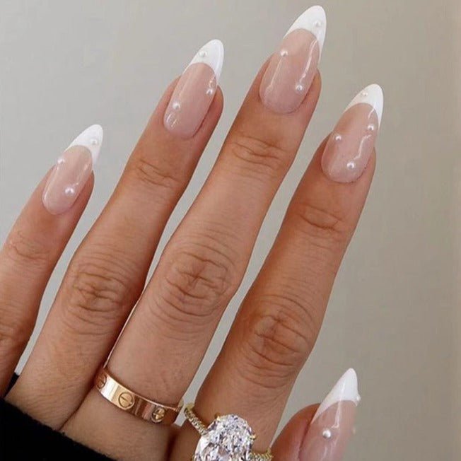 Pretty Pearly Long Almond White French Tips Press On Nails