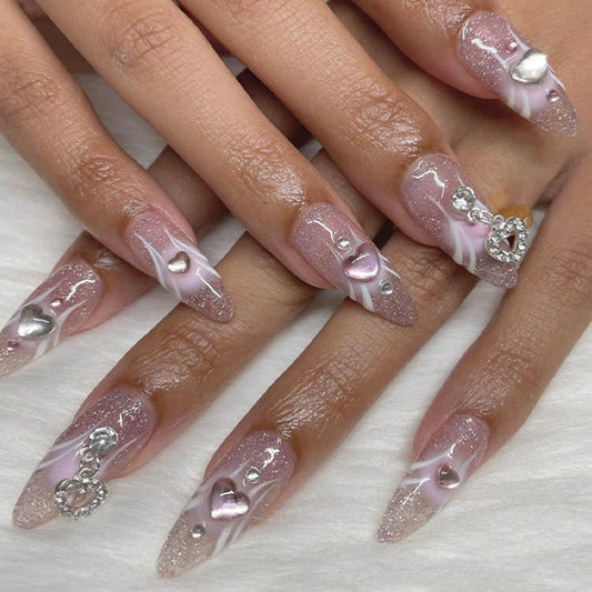 Always Yours Long Almond Pink Hearts Press On Nails