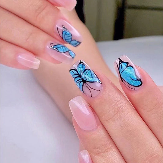 Arctic Butterfly Short Square Blue Spring Press On Nails