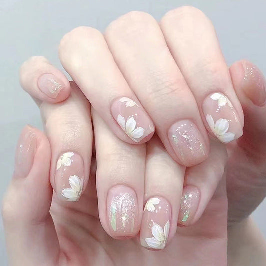 Sweet Camellia Short Squoval White Beach Press On Nails