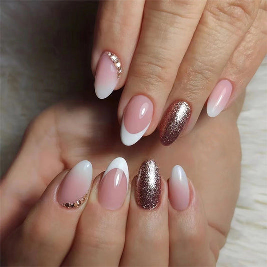 French Ombre Diamond Long Almond Pink Glitter Press On Nails
