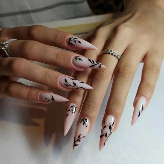 Hint Of Nature Long Stiletto Black Floral Press On Nails