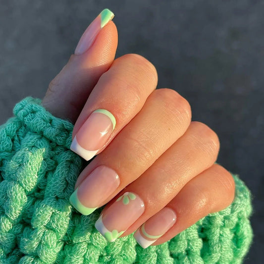 Subtle Shade Short Squoval Green French Tips Press On Nails