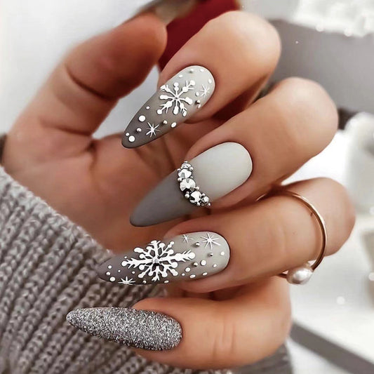 Queen Snowflake Long Almond Gray Winter Press On Nails