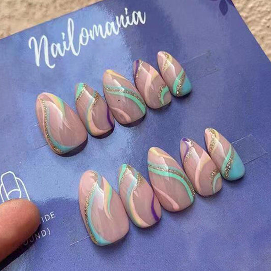 The Glitter Waves Almond Blue Abstract Press On Nails