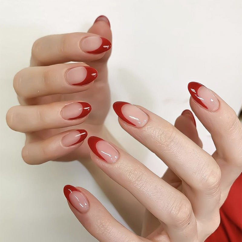 Hot Passion Short Almond Red French Tip Press On Nails