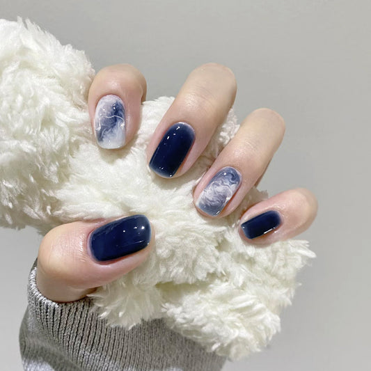 Poseidon Short Squoval Blue Marble Press On Nails