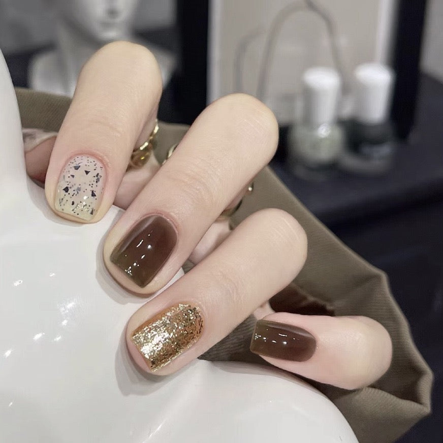 Ta Ta Love Short Square Brown Glitter Press On Nails