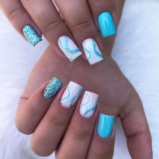 Sweet Glitter Wave Line Cool Short Square Blue Vacation Press On Nails