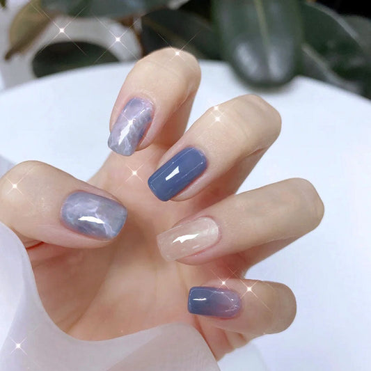 Babe Reflector Short Squoval Blue Abstract Press On Nails