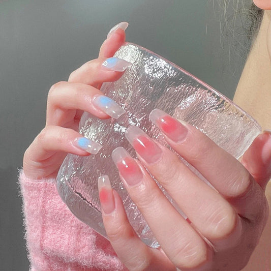 Ethereal Ombre Long Square Press-On Nail Set, Soft Pink to Blue Transition with Iridescent Glitter Detail