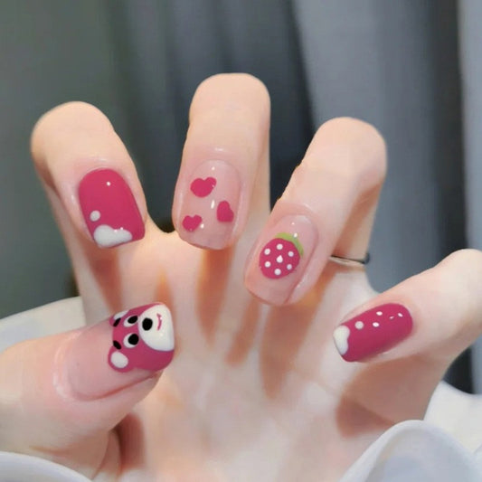 Whimsical Short Square Press On Nail Set In Magenta And Beige With Polka Dots And Adorable Panda Design