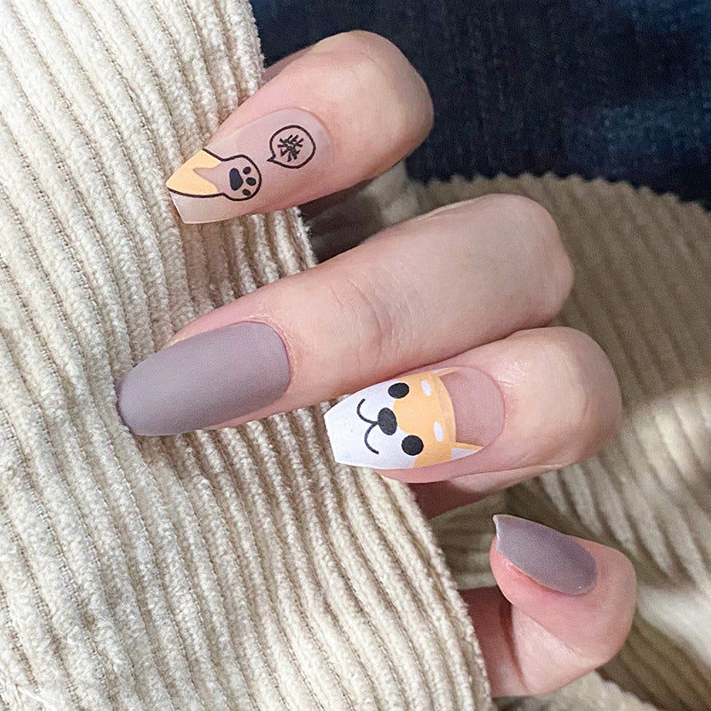 Medium Almond and Coffin Matte Press-On Nails, Soft Grey and Cheese Yellow, Playful Panda and Cheese Design