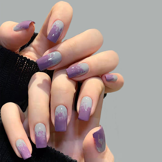 Mystic Dusk Medium Square Press-On Nails with Lavender to Grey Ombre and Splattered Art Design