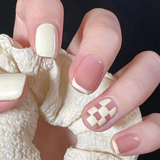 Chic Short Square Press-On Nails in Creamy Beige with Accent Braided Feature