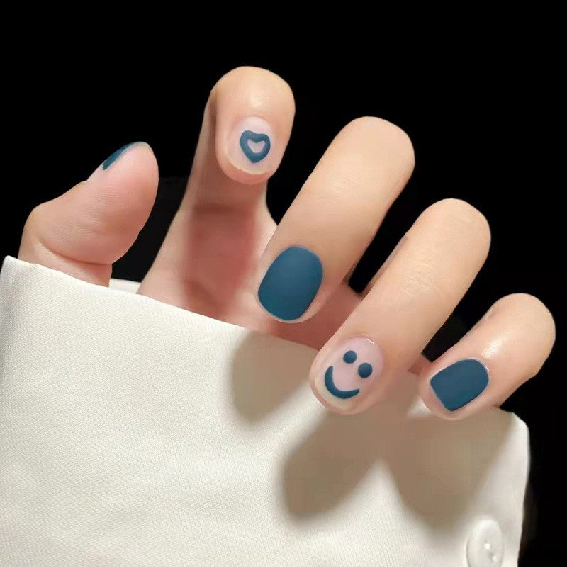 Cheerful Mood Short Squoval Blue Press-On Nails with Playful Emoticon Accents
