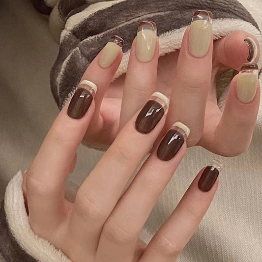 Sophisticated Elegance Medium Square Deep Brown Press-On Nails with Beige Accents and Glossy Finish