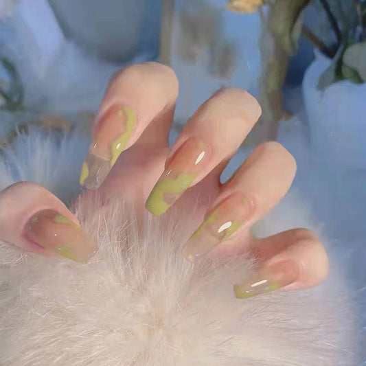 Dreamy Long Coffin Duo-Tone Press-On Nails with Olive Green Marble Design
