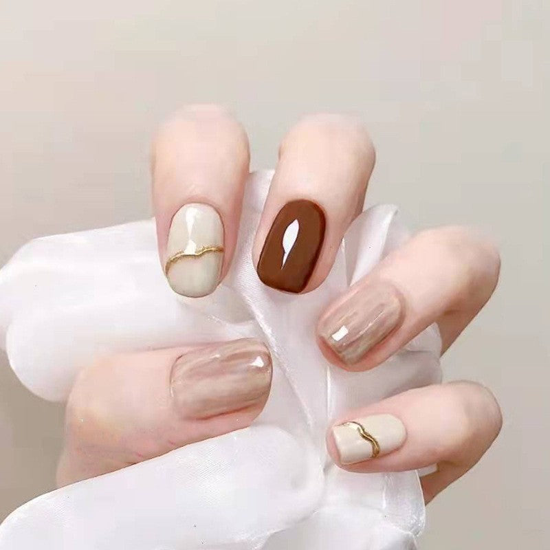 Medium Squoval Mocha and Beige Press-On Nails with Metallic Accents