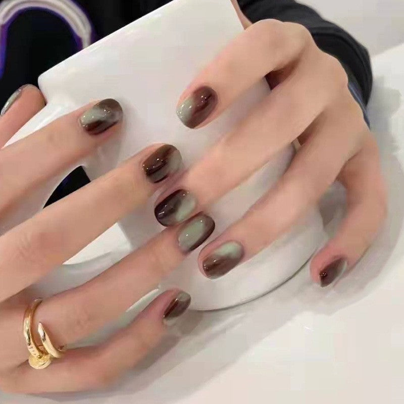 Chic Medium Squoval Mocha Swirl Ombre Press-On Nail Set with Accent Gems