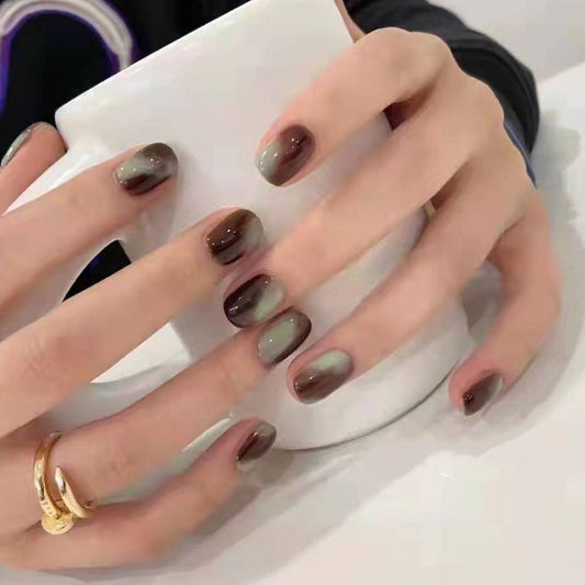 Chic Medium Squoval Mocha Swirl Ombre Press-On Nail Set with Accent Gems
