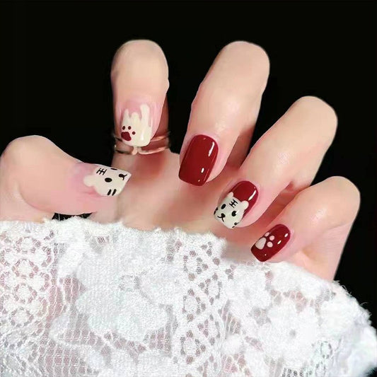Playful Medium Square Burgundy Press-On Nails with Adorable White Character Art and Polka Dots