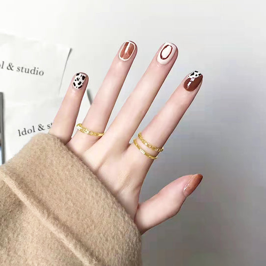 Chic Caf≈Ω Medium-Length Square Mocha Press-On Nails with Cheetah Print Detail and Creamy Accents
