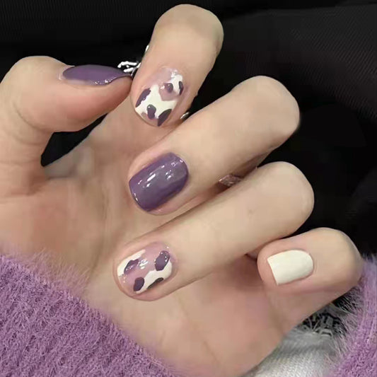 Playful Paws Short Squoval Lavender and Cream Press-on Nail Set with Cute Paw Print Design