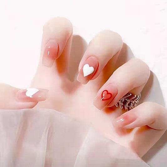 Sweetheart Blush Medium-Length Coffin Beige Press-on Nail Set with Contrasting White and Red Heart Accents