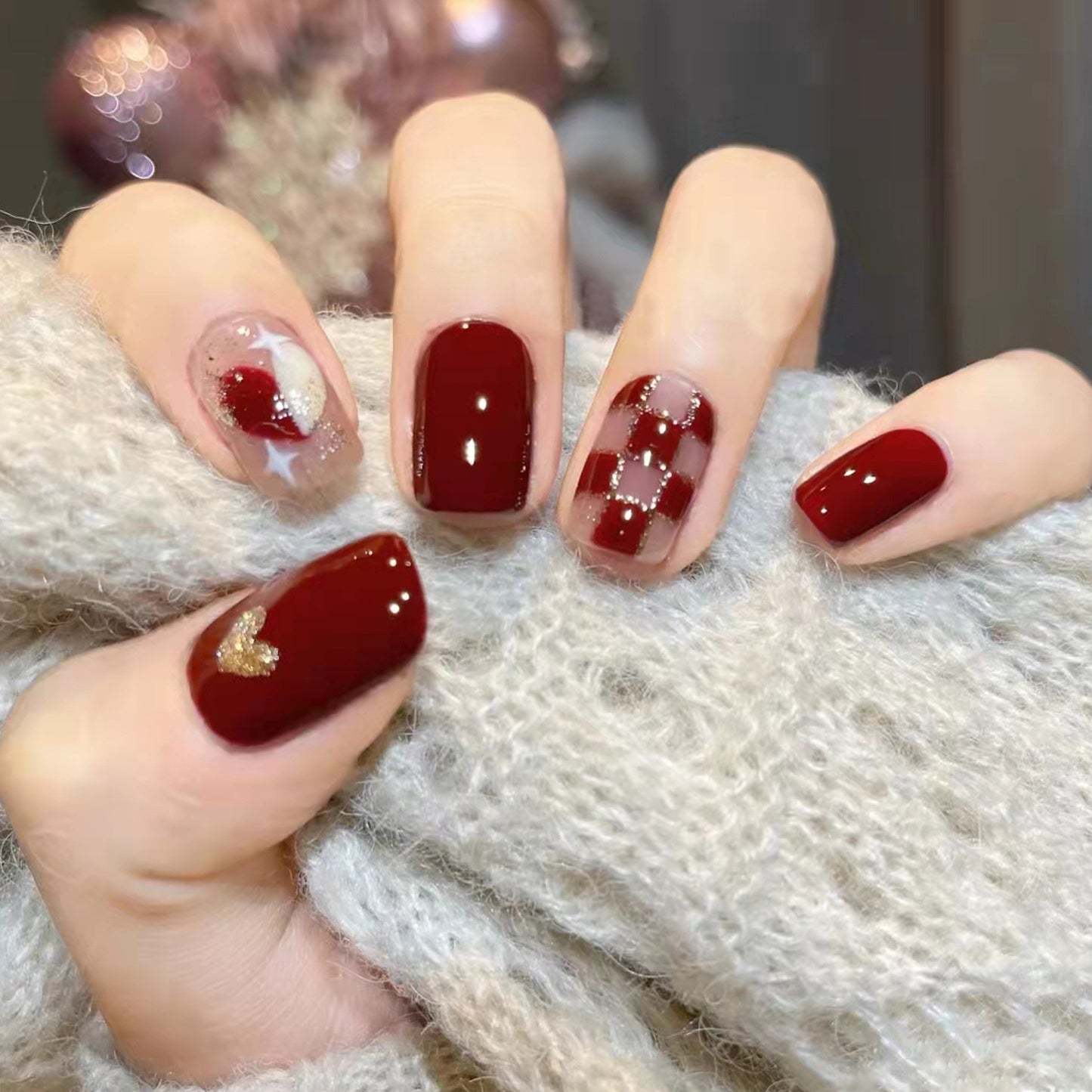 Classic Elegance Medium Square Burgundy Press-On Nails with Glitter Accent and Checkered Pattern Design