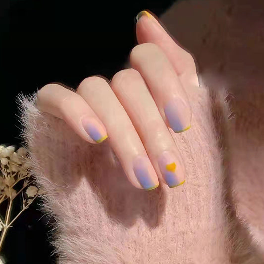 Autumn Haze Medium-Length Square Beige Press-on Nail Set with Iridescent Sheen and Yellow Accents