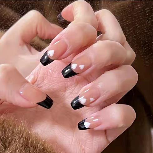 Mystic Contrast Long Coffin Black and Beige Press-on Nail Set with Heart Tips Design
