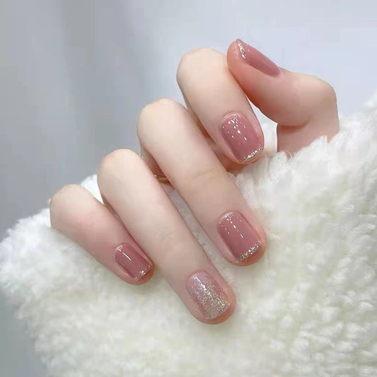 Winter Sparkle Short Square Beige Press-on Nail Set with Glitter Accent and Dotted Details